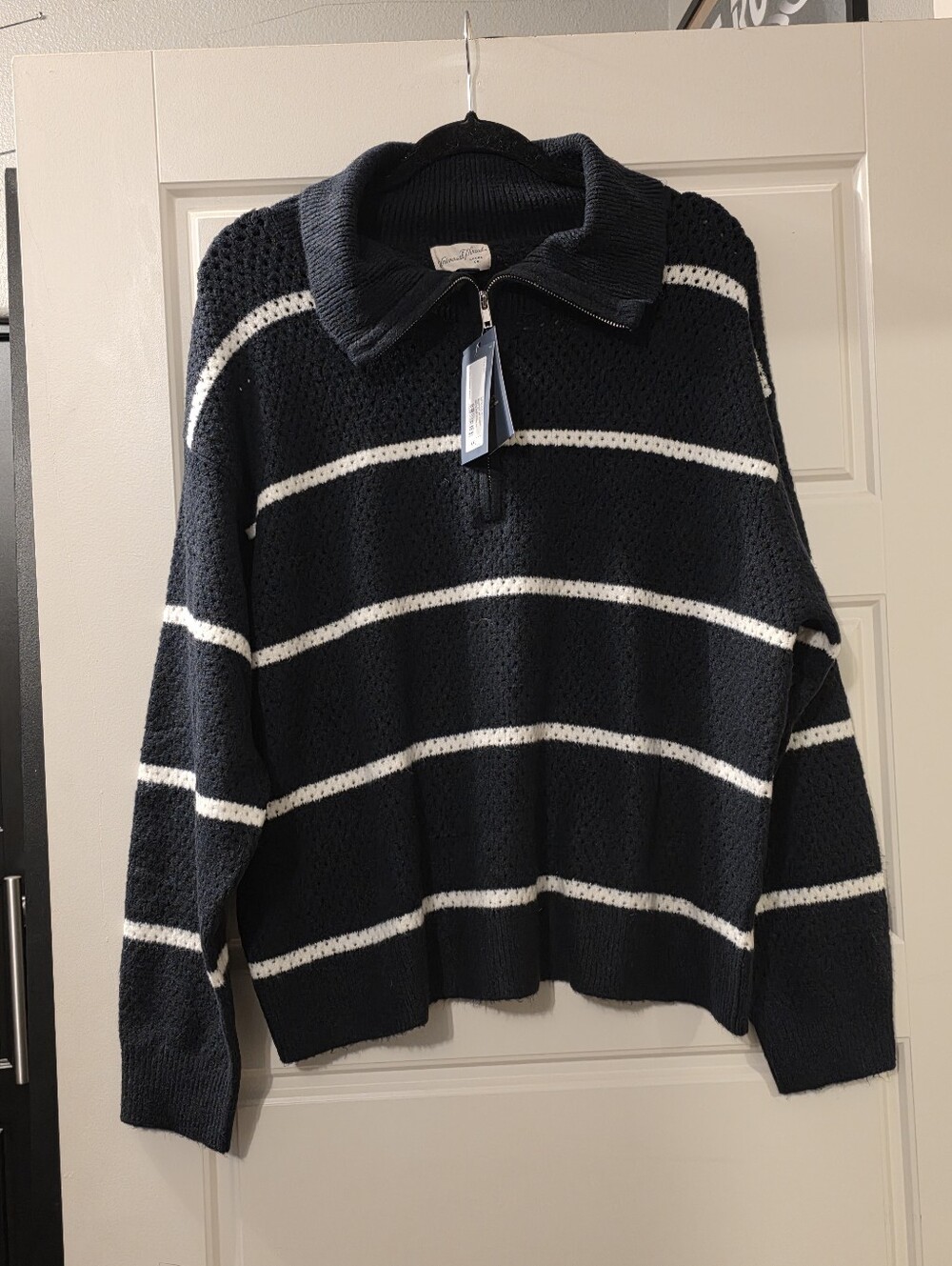 Navy and Cream Striped Half-Zip Knit Sweater Size XXL